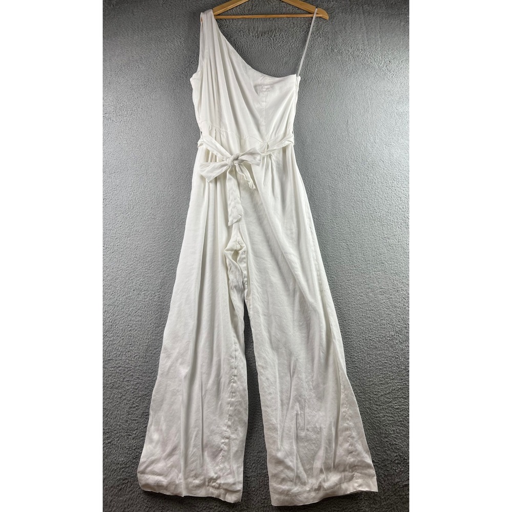 ANTONIO MELANI One Shoulder Wide Leg Linen Blend Jumpsuit with Waist Tie Belt